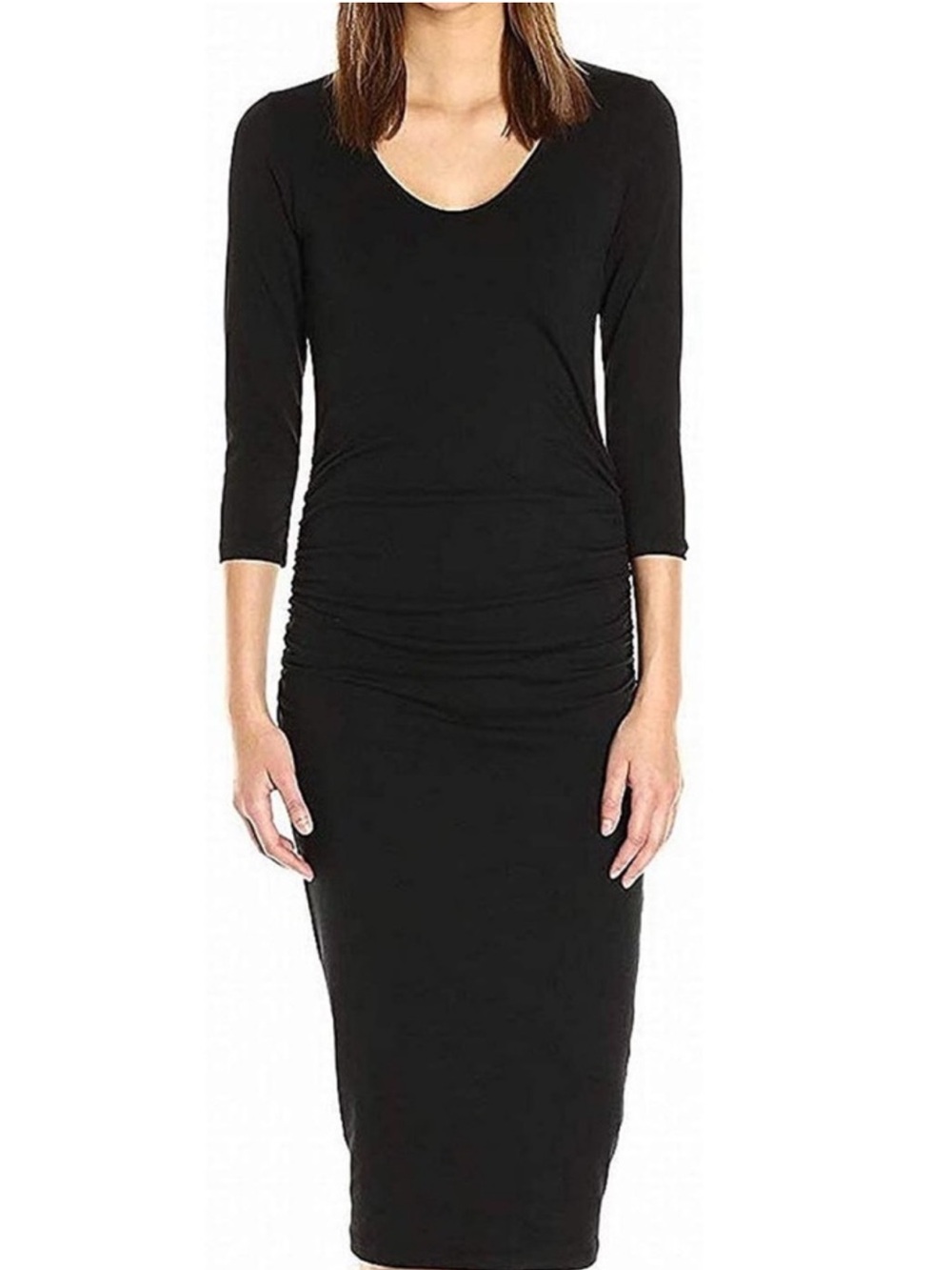 Michael Stars Black Ruched Scoop-Neck Midi Dress